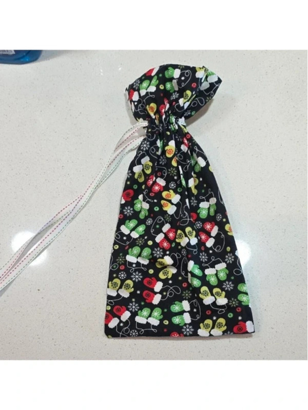 Handmade Christmas Themed Drawstring Gift Bag with Mitten Pattern